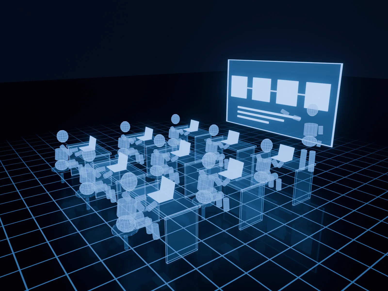 A holographic blueprint of a workshop: glowing blue figures typing on laptops at their desks while an instructor stands by a big screen showing four steps